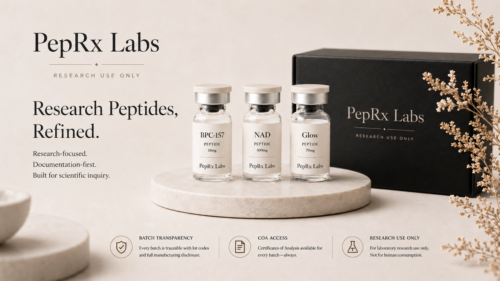 PepRx Labs research peptide vials with premium black packaging